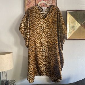 80s 90s VINTAGE BOHO LEOPARD KAFTAN GOWN MAXI DRESS COVERUP LOUNGE ANIMAL PRINT